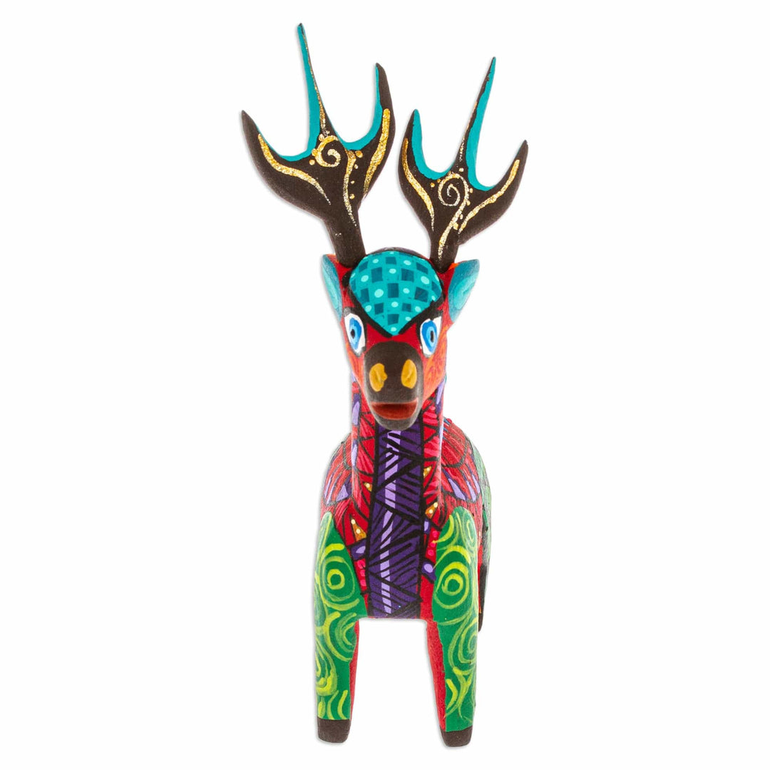 Copal Wood Alebrije Deer Figurine Painted in Crimson Hues - Charming Crimson Deer