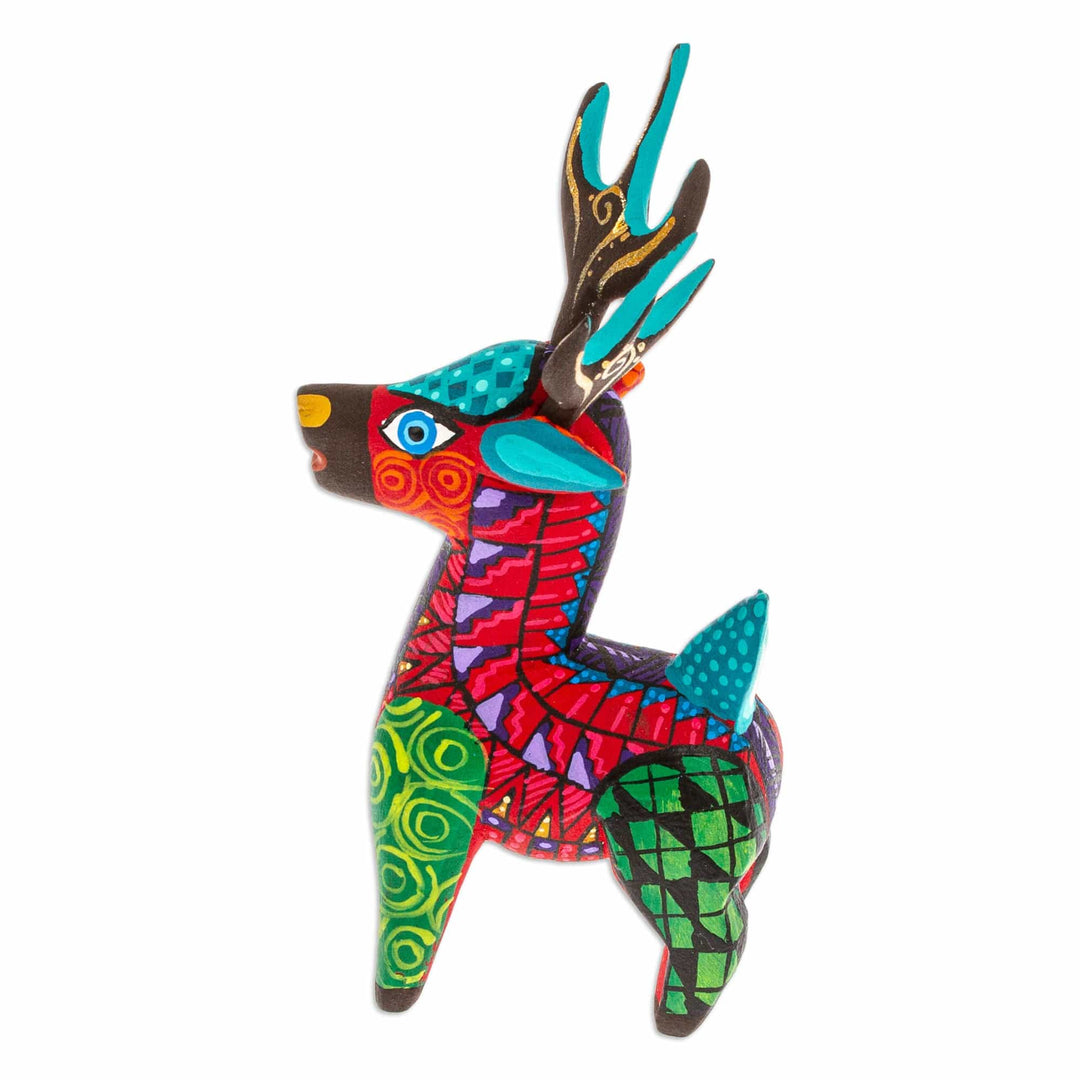 Copal Wood Alebrije Deer Figurine Painted in Crimson Hues - Charming Crimson Deer
