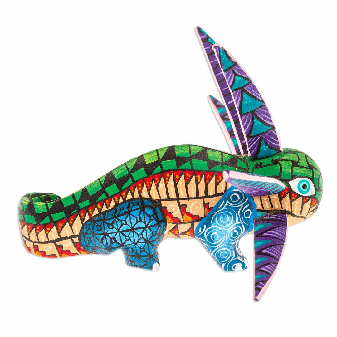 Wood Alebrije Axolotl Figurine Painted in Green and Blue - Jungle Axolotl