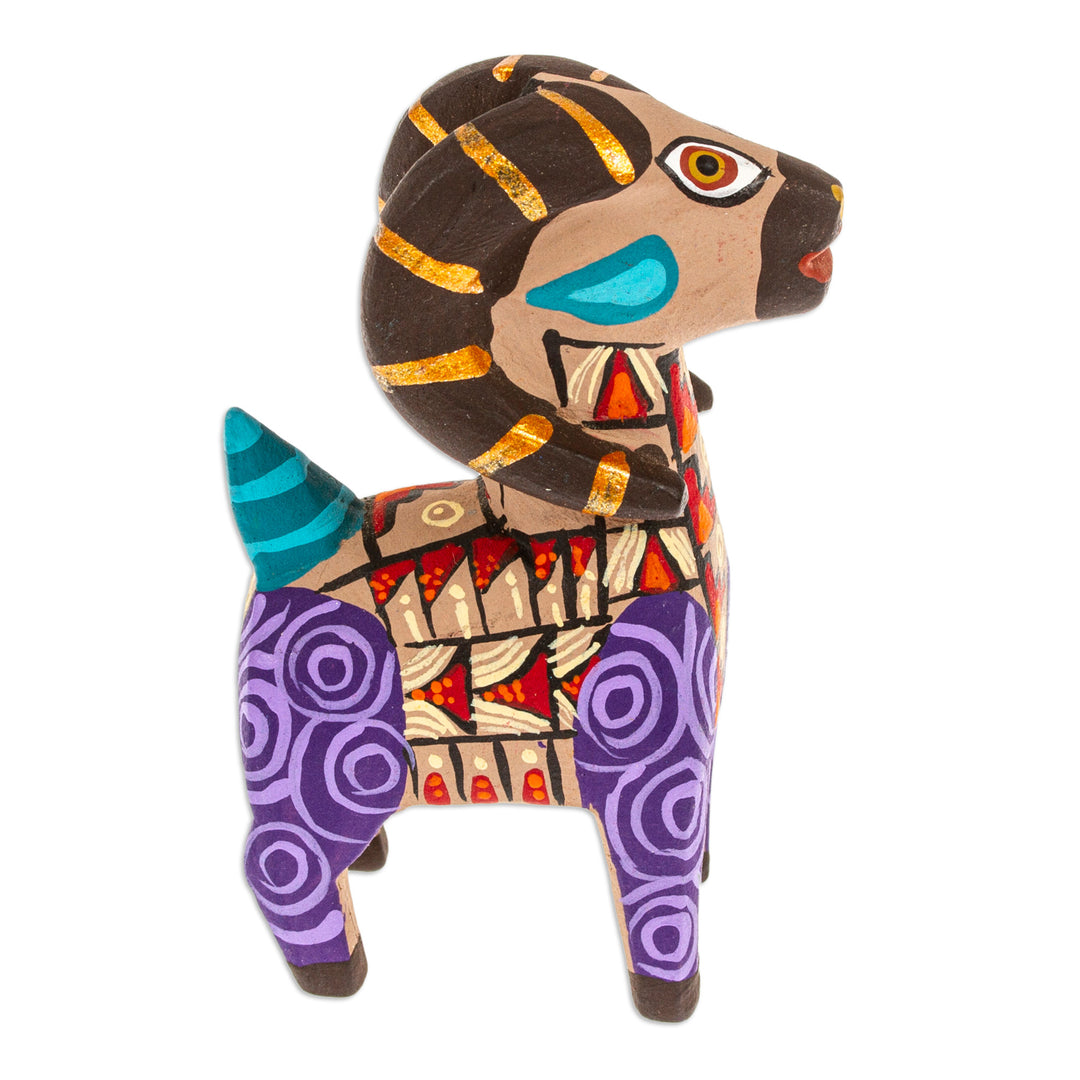 Copal Wood Alebrije Sheep Figurine Hand-Painted in Purple - Majestic Sheep