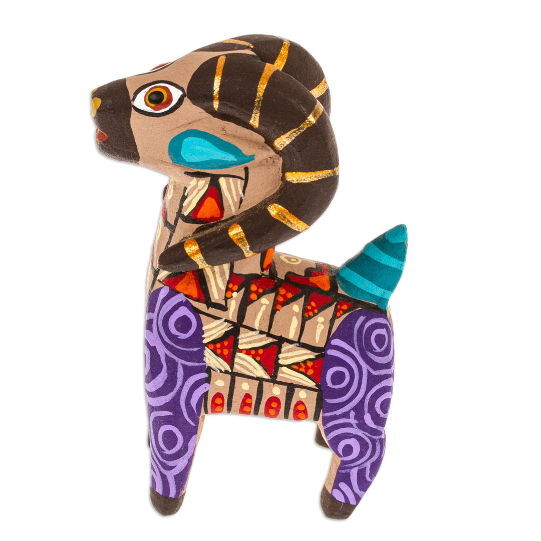 Copal Wood Alebrije Sheep Figurine Hand-Painted in Purple - Majestic Sheep