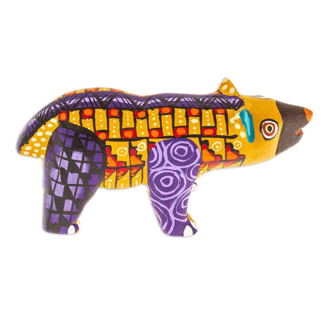 Handmade Geometric Yellow Copal Wood Bear Alebrije Figurine - The Noble Master in Yellow