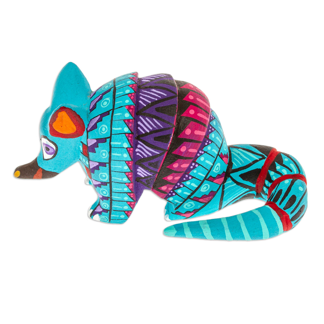 Painted Alebrije Copal Wood Figurine of Aquamarine Armadillo - Mexico's Protector