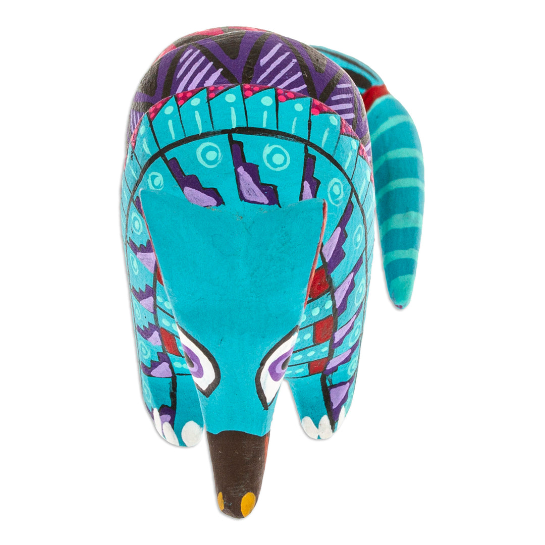 Painted Alebrije Copal Wood Figurine of Aquamarine Armadillo - Mexico's Protector