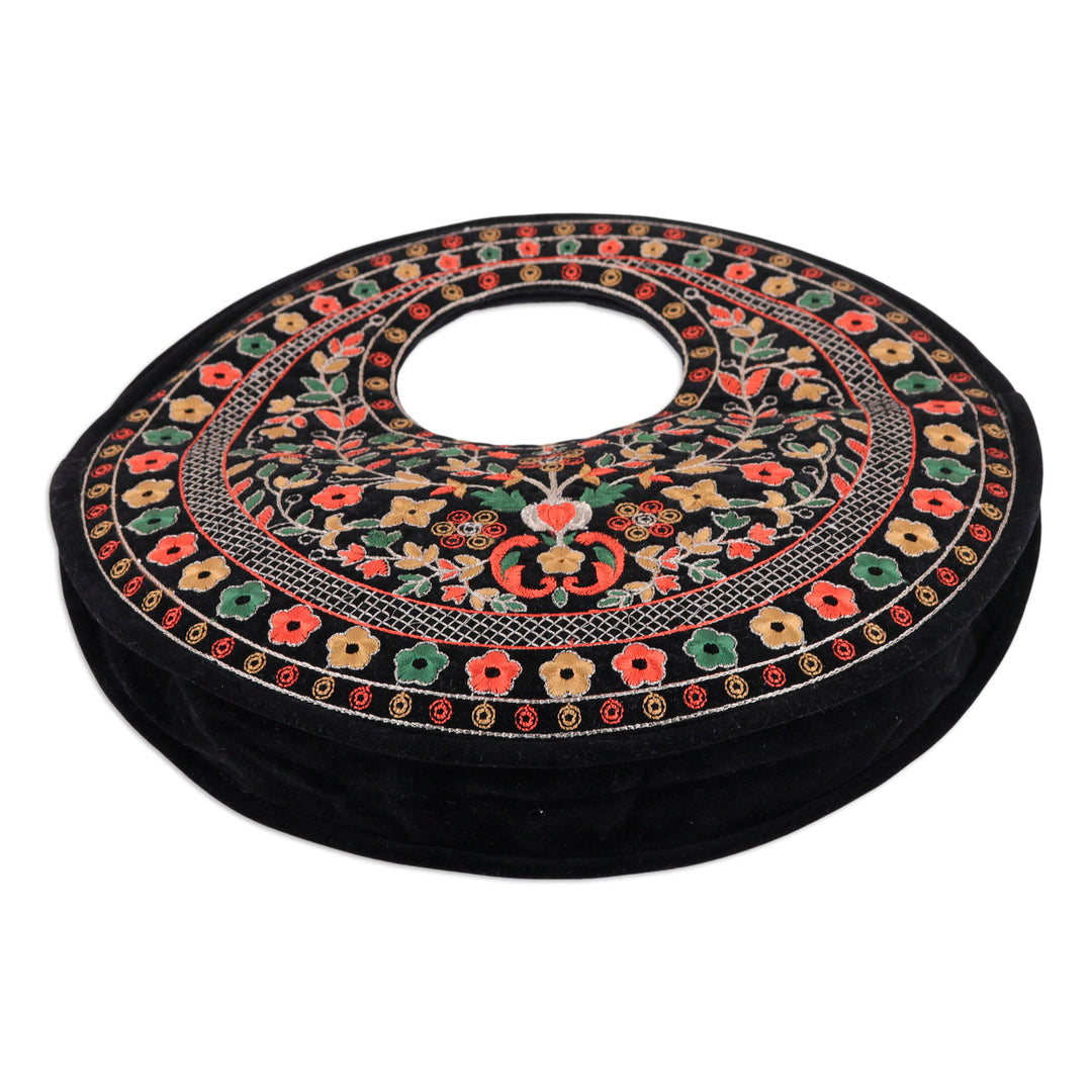 Floral Embroidered Black Faux Velvet Handbag in Vibrant Hues - Jaipur Eden