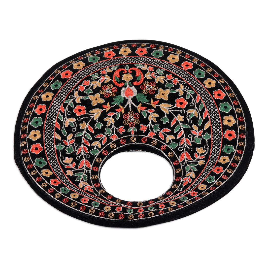 Floral Embroidered Black Faux Velvet Handbag in Vibrant Hues - Jaipur Eden