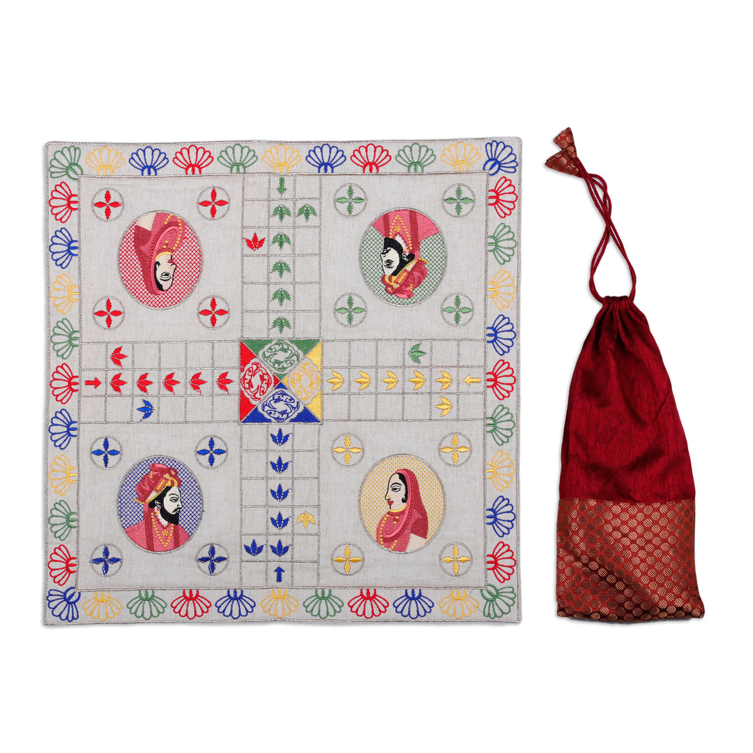 Traditional Embroidered Ecru Cotton Ludo Game from India - Game of Royals