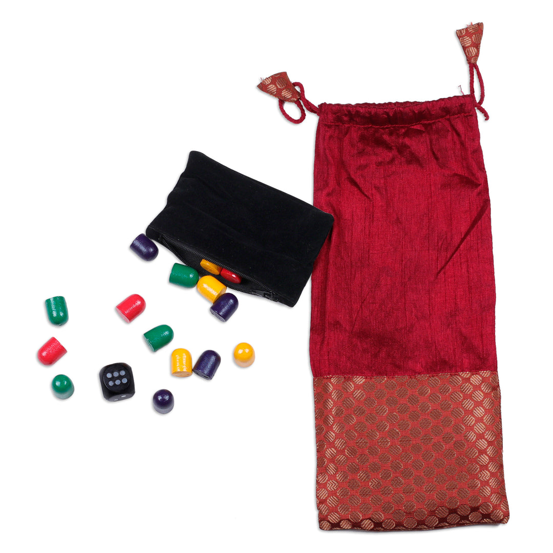 Traditional Embroidered Ecru Cotton Ludo Game from India - Game of Royals