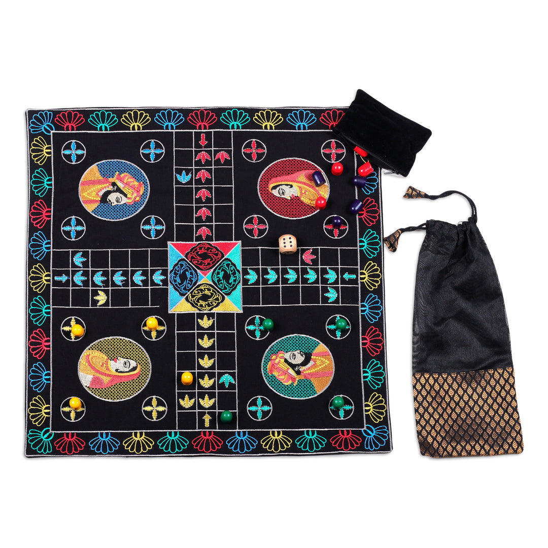 Traditional Embroidered Black Cotton Ludo Game from India - Game of Royals at Night