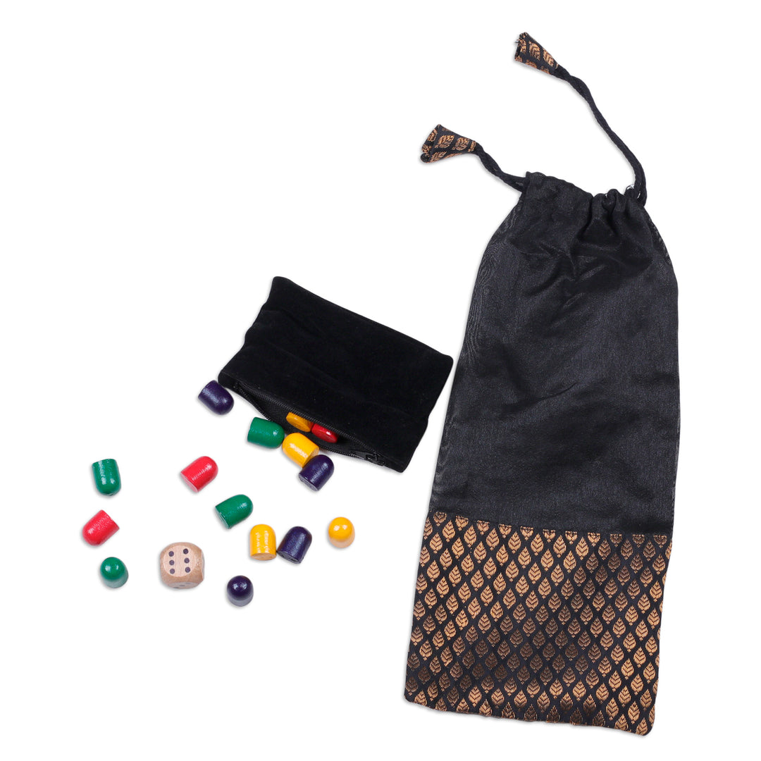 Traditional Embroidered Black Cotton Ludo Game from India - Game of Royals at Night