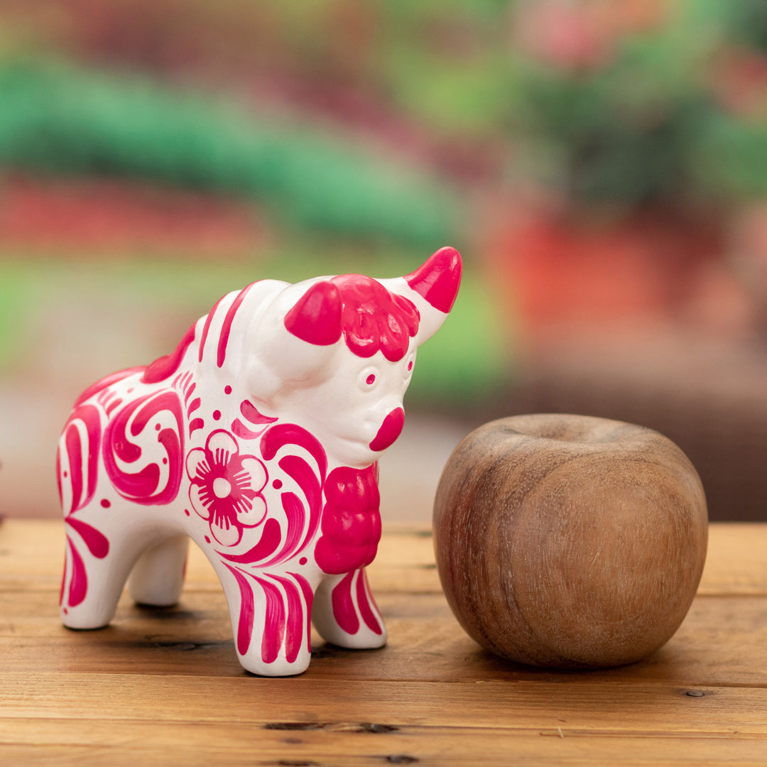 Traditional Floral Pink Ceramic Bull Sculpture from Pucara - Pucara's Pink Protector