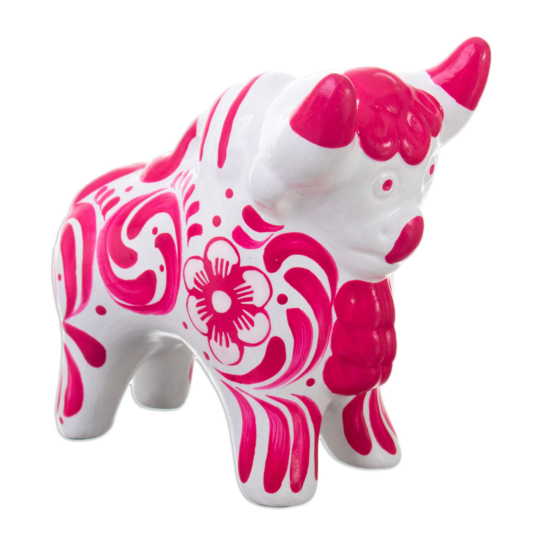 Traditional Floral Pink Ceramic Bull Sculpture from Pucara - Pucara's Pink Protector
