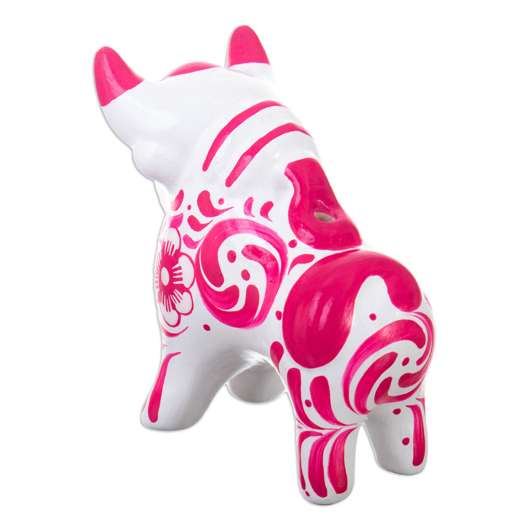 Traditional Floral Pink Ceramic Bull Sculpture from Pucara - Pucara's Pink Protector