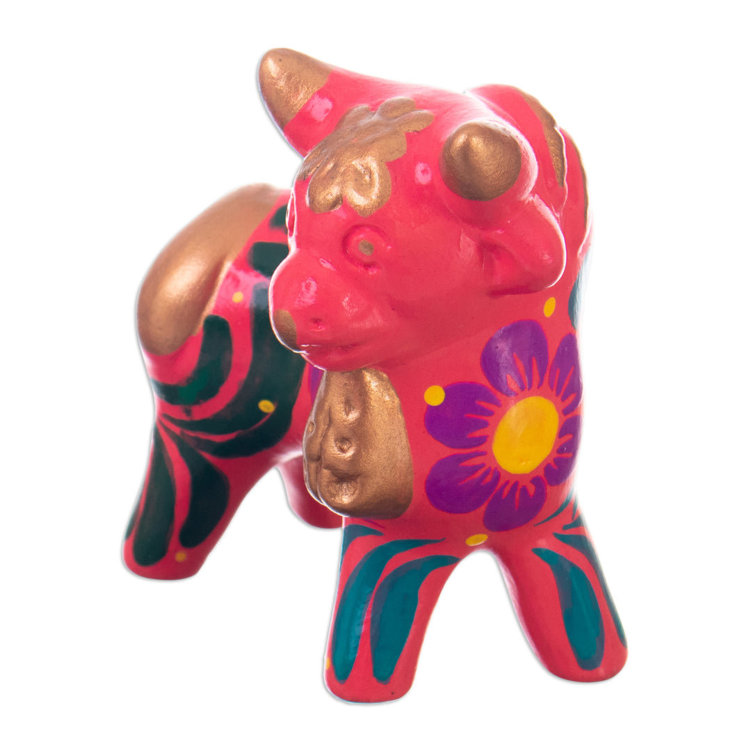 Andean Floral Ceramic Bull Sculpture in a Pink Base Hue - Harmonious Horns in Pink