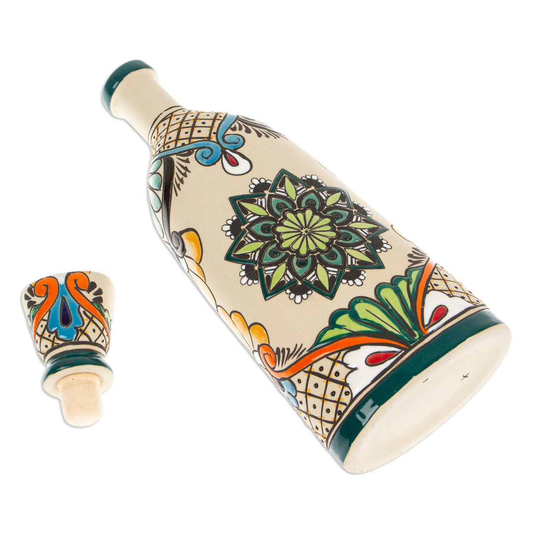 Mandala and Floral-Themed Painted Green Ceramic Decanter - Green Mandala Flavors