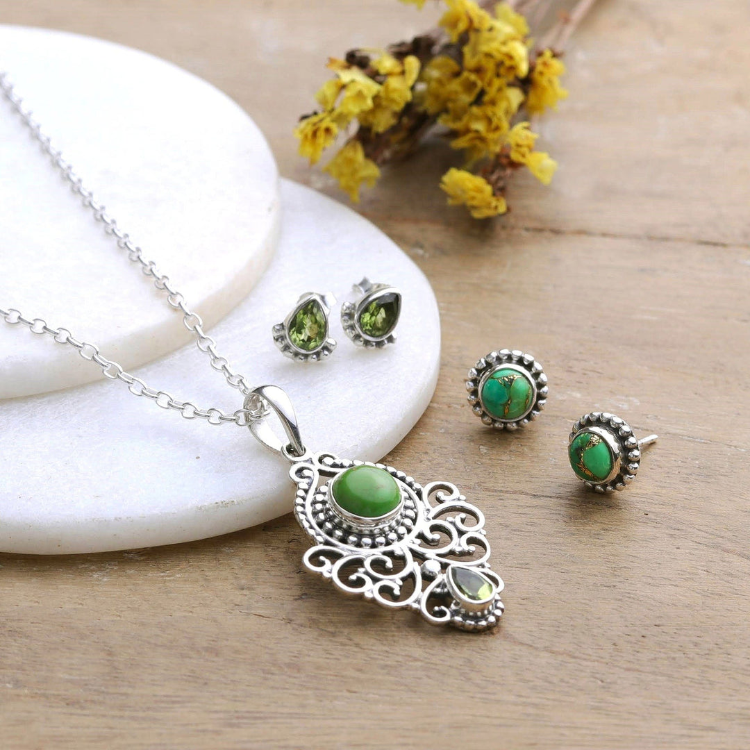 Peridot and Composite Turquoise Necklace and Earrings - Green Arcadia