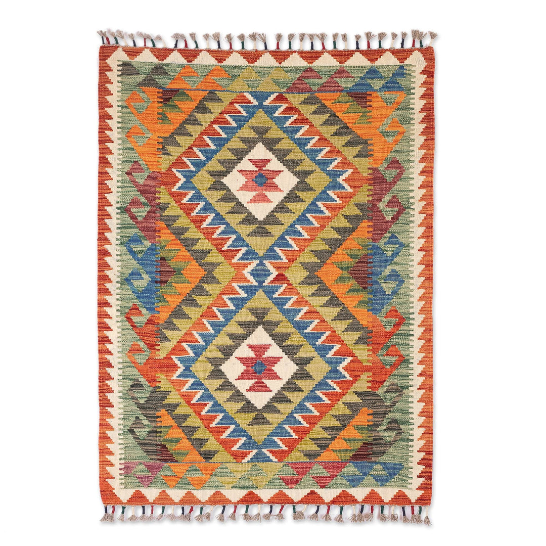 Handwoven Geometric Wool Area Rug from Uzbekistan (3x4) - Luxurious Geometry
