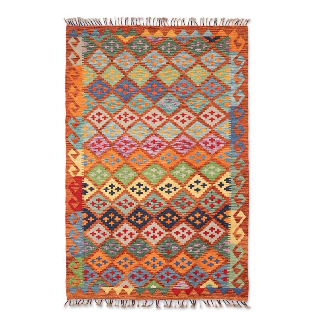 Handwoven Geometric Wool Area Rug in Vibrant Hues (3.5x5) - Sweet Mosaic