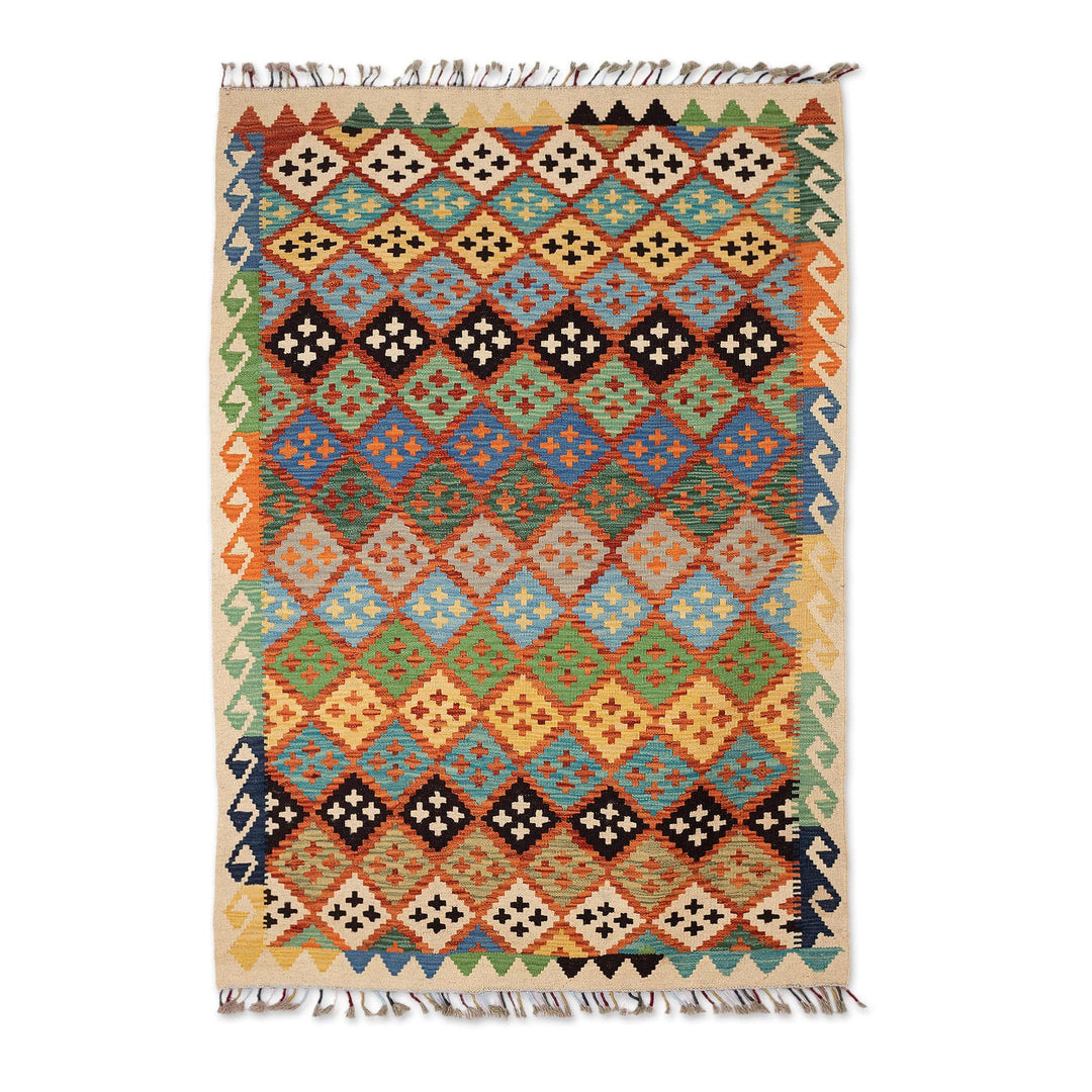 Handwoven Geometric Wool Area Rug in Blue Hues (3.5x5) - Refreshing Mosaic