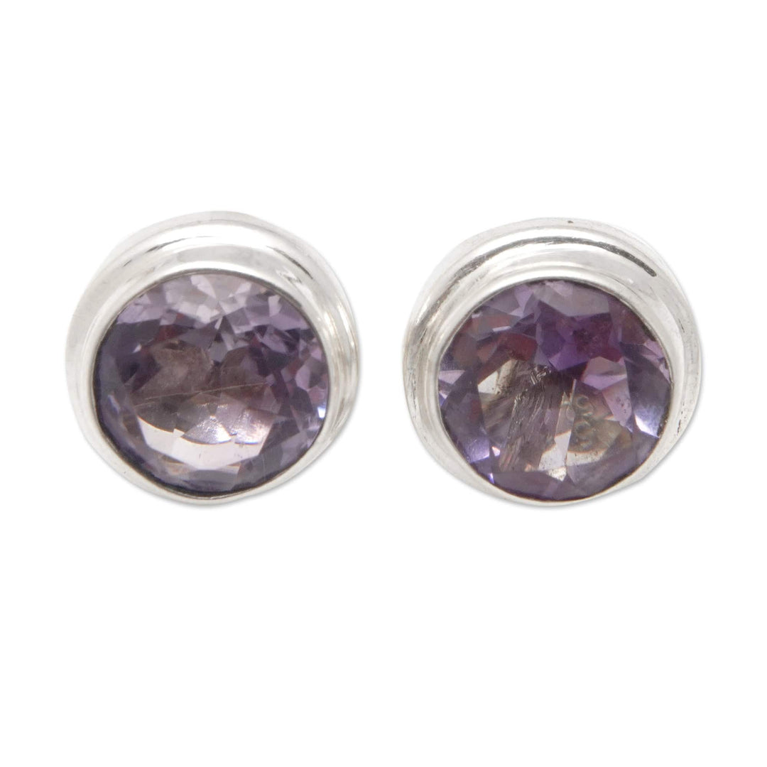 Polished Classic Sterling Silver Stud Earrings with Amethyst - Purple Divine Feminineness