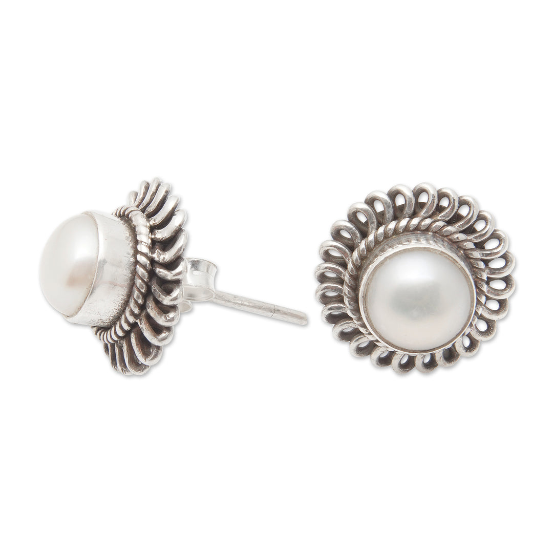 Sterling Silver Stud Earrings with White Cultured Pearls - Bright Destiny