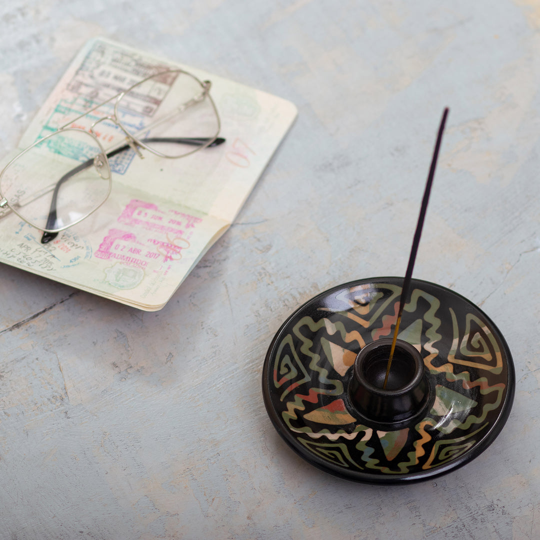 Handcrafted Geometric Round Ceramic Incense Holder - Ancestral Constellation
