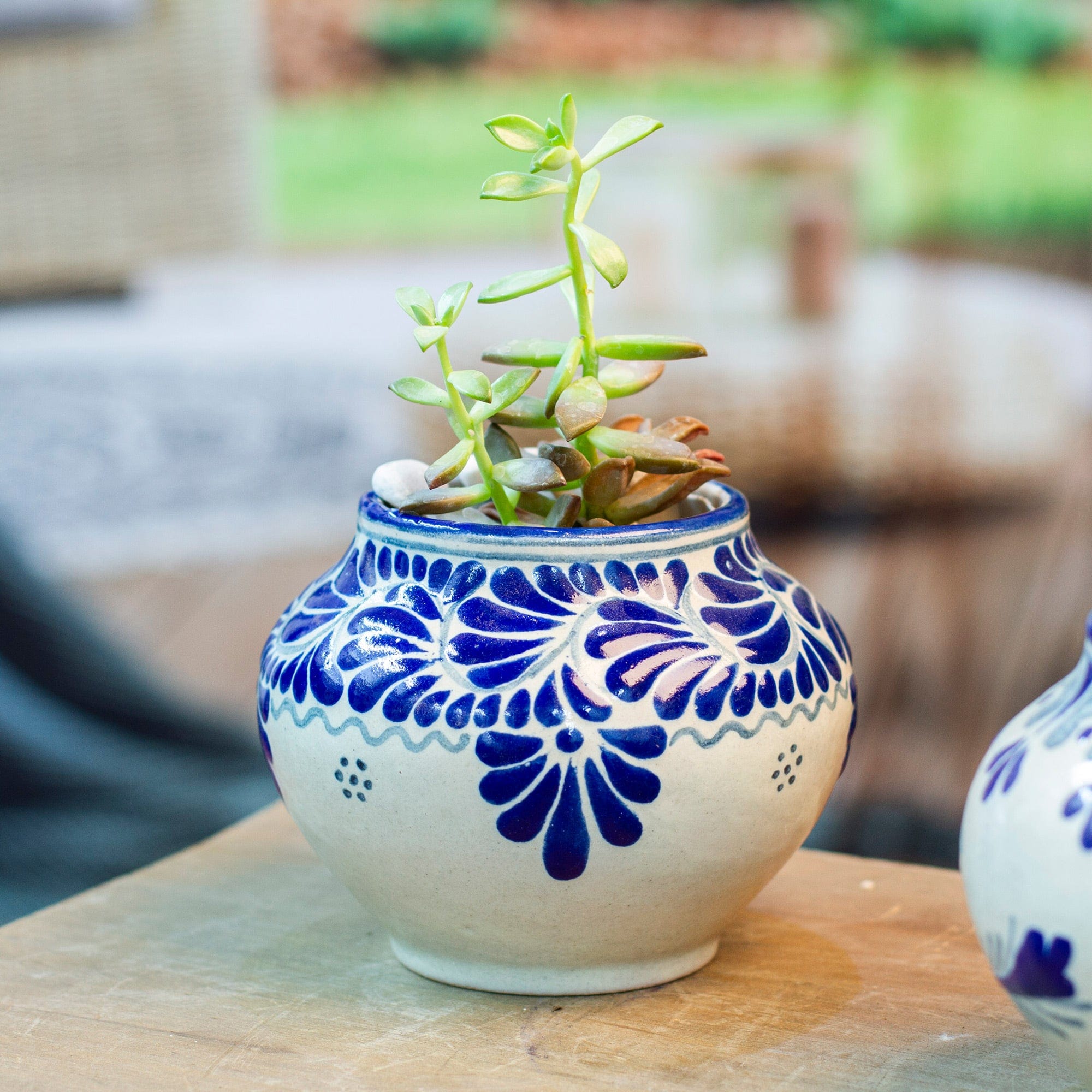 blue and white ceramic plant pots Leaf & Flower Hand-Painted Talavera-Style Ceramic Planter