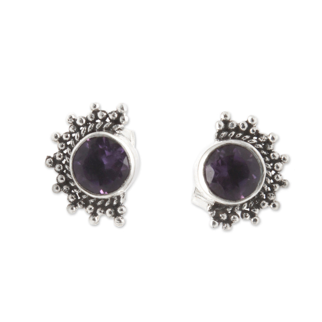 Polished Sterling Silver Stud Earrings with Amethyst Stones - Crescent Wisdom
