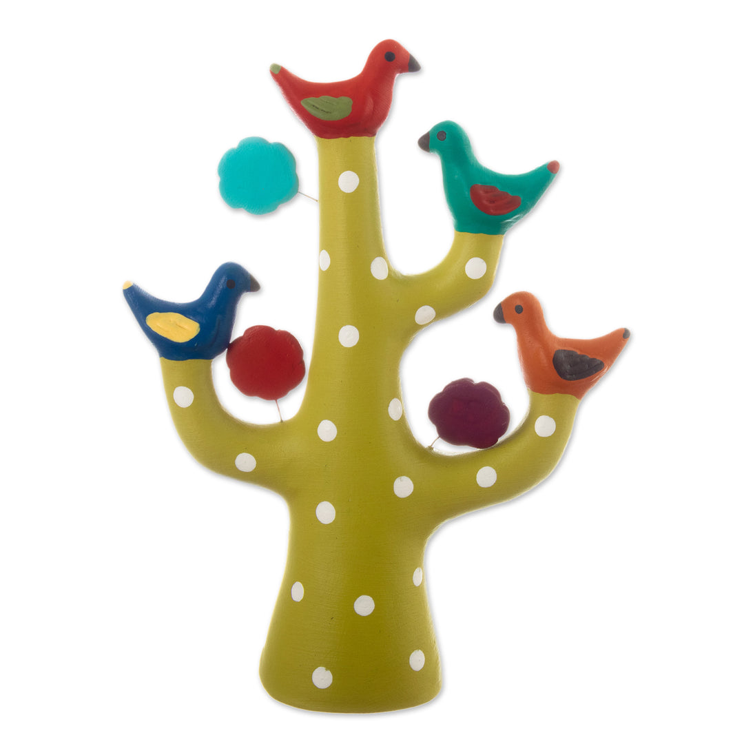 Green Ceramic Tree Sculpture with Bird and Floral Motifs - The Joyful Tree Choir