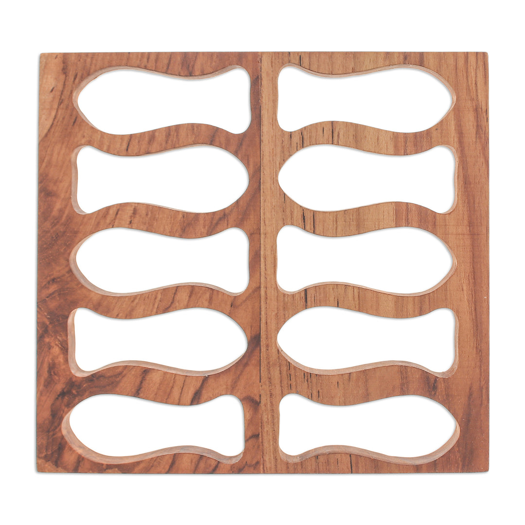 Fish-Themed Hand-Carved Square Brown Teak Wood Pot Stand - Swimming Delicacies