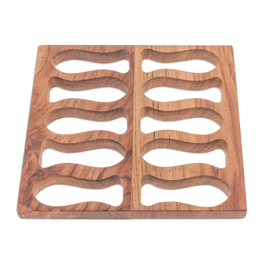 Fish-Themed Hand-Carved Square Brown Teak Wood Pot Stand - Swimming Delicacies