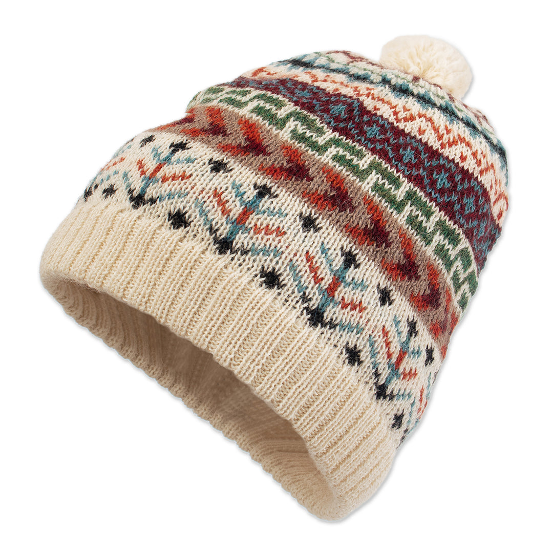 Traditional Knit Ivory Alpaca Hat from the Andes - Andean Nature