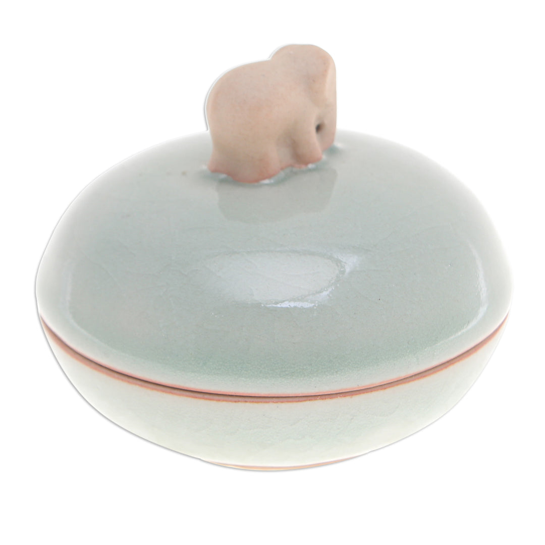 Thai Celadon Ceramic Elephant-Themed Jar with Lid in Green - Elephant Allure