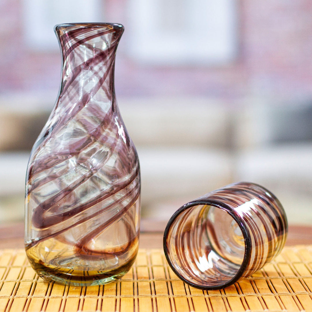 Brown Handblown Recycled Glass Carafe and Cup Set (Pair) - Hypnotic Brown
