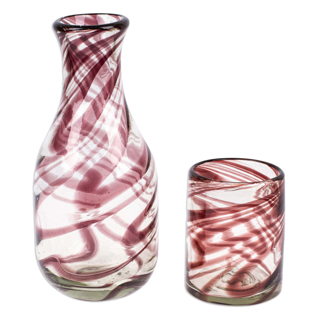 Brown Handblown Recycled Glass Carafe and Cup Set (Pair) - Hypnotic Brown