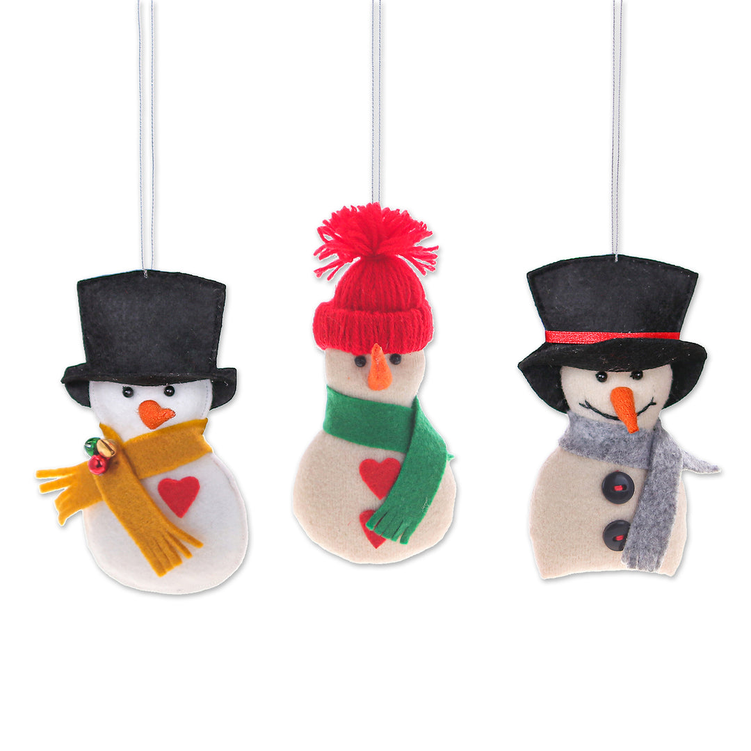 Set of Three Handcrafted Snowman Felt and Acrylic Ornaments - Snowy Gentlemen