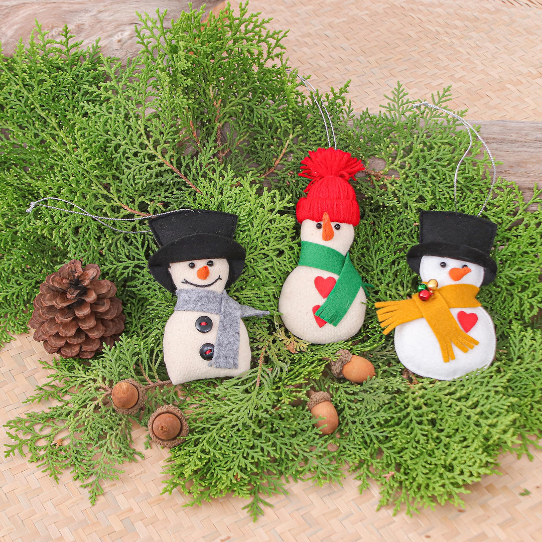 Set of Three Handcrafted Snowman Felt and Acrylic Ornaments - Snowy Gentlemen