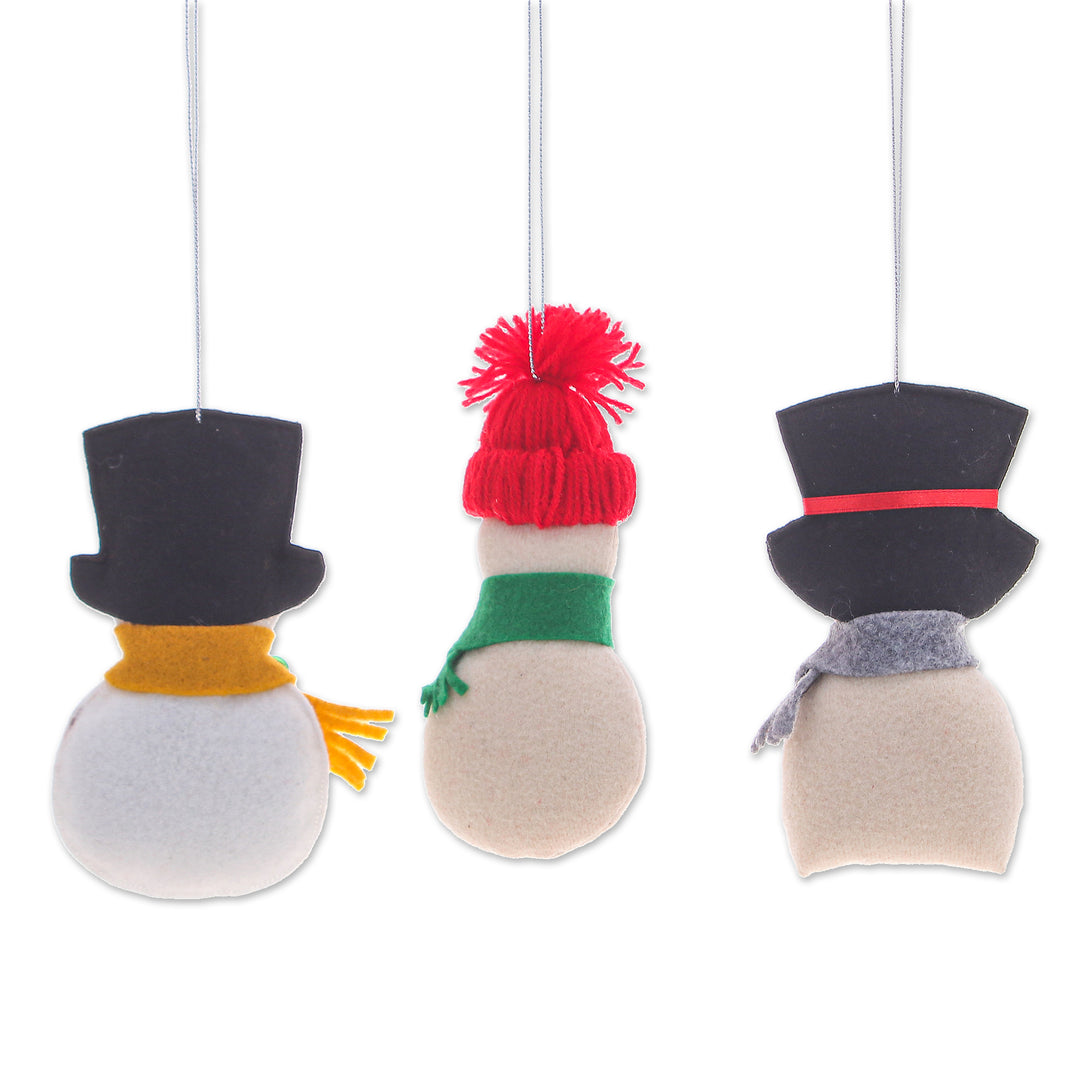 Set of Three Handcrafted Snowman Felt and Acrylic Ornaments - Snowy Gentlemen