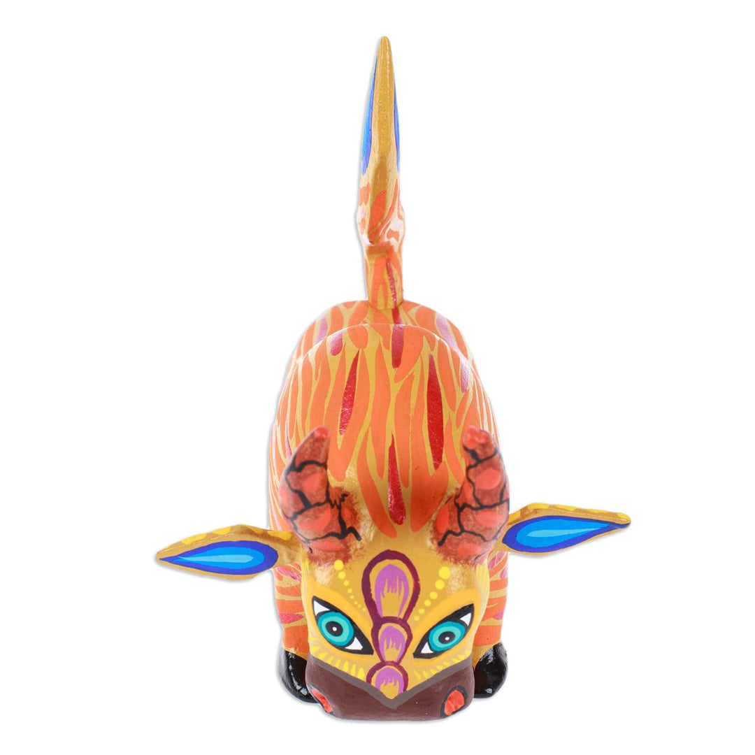 Hand-Painted Orange and Red Flaming Alebrije Bull Figurine - Flaming Force