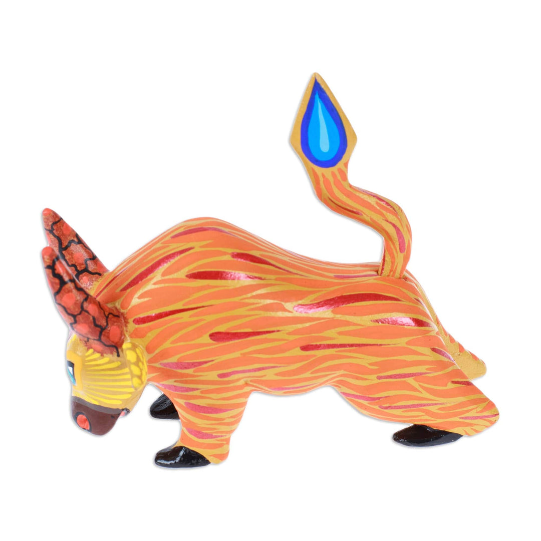 Hand-Painted Orange and Red Flaming Alebrije Bull Figurine - Flaming Force