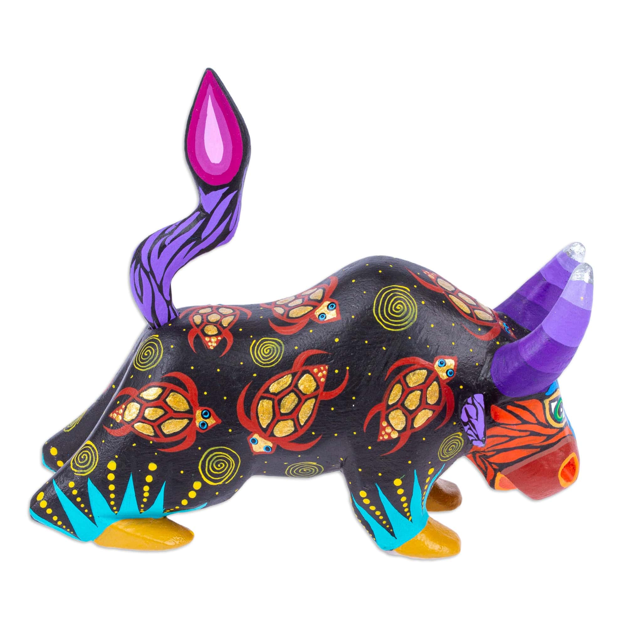 Hand-Painted Colorful Wood Alebrije Bull Figurine in Black - Sea