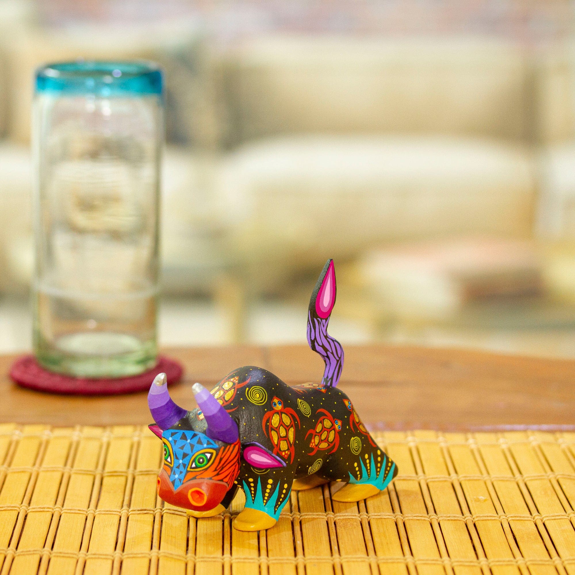 Hand-Painted Colorful Wood Alebrije Bull Figurine in Black - Sea