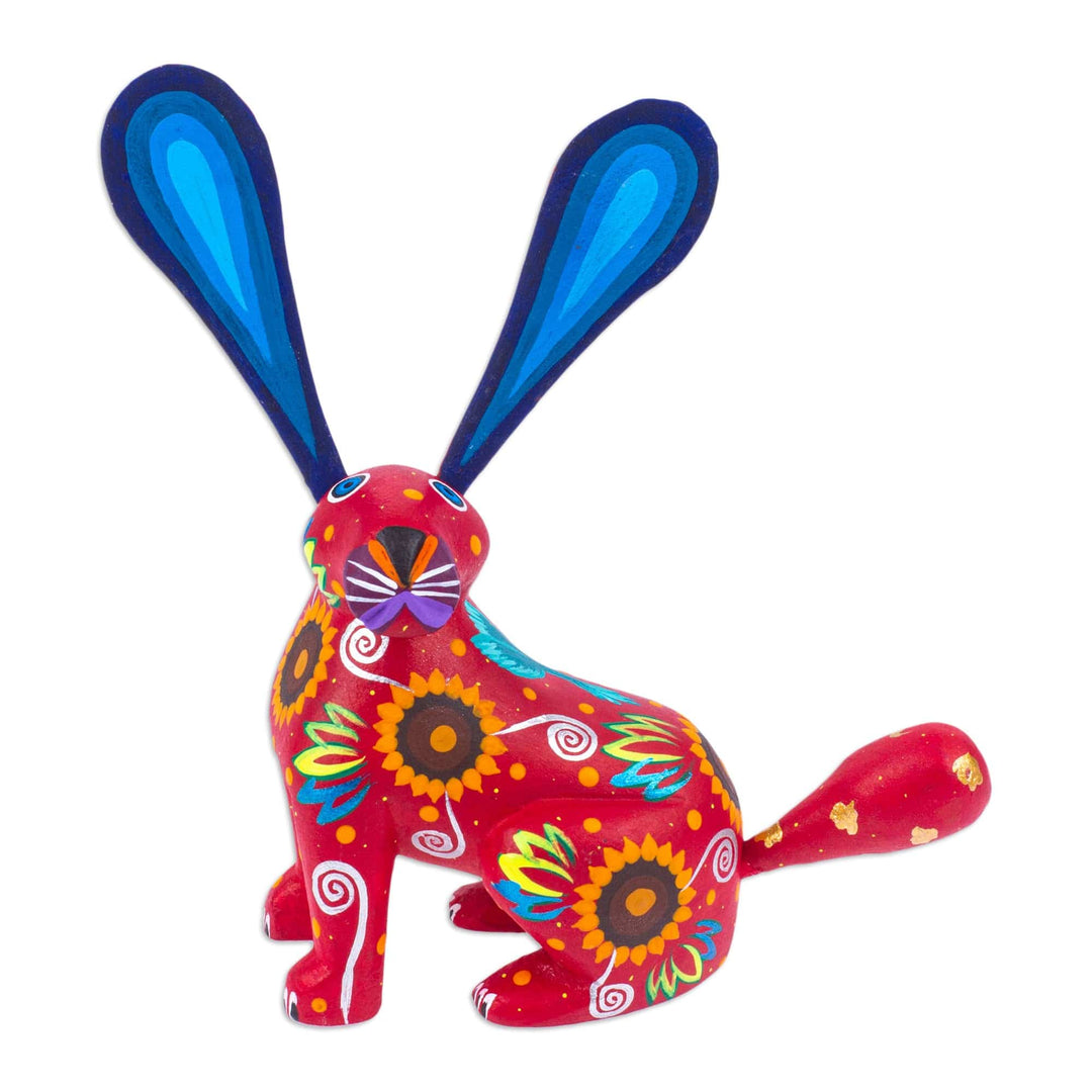 Floral Russet Copal Wood Alebrije Bunny Figurine from Mexico - Fluffy Russet Ears
