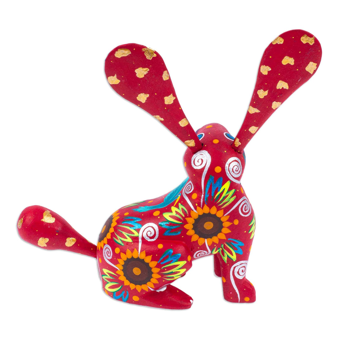 Floral Russet Copal Wood Alebrije Bunny Figurine from Mexico - Fluffy Russet Ears