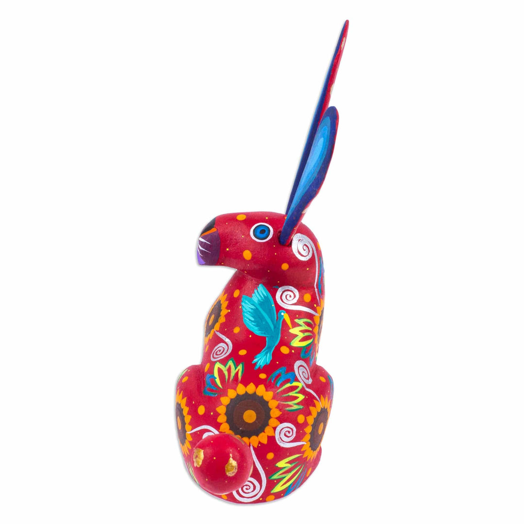 Floral Russet Copal Wood Alebrije Bunny Figurine from Mexico - Fluffy Russet Ears