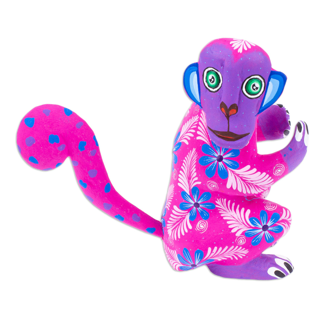 Floral Painted Azalea Copal Wood Alebrije Monkey Figurine - Playful Soul in Azalea