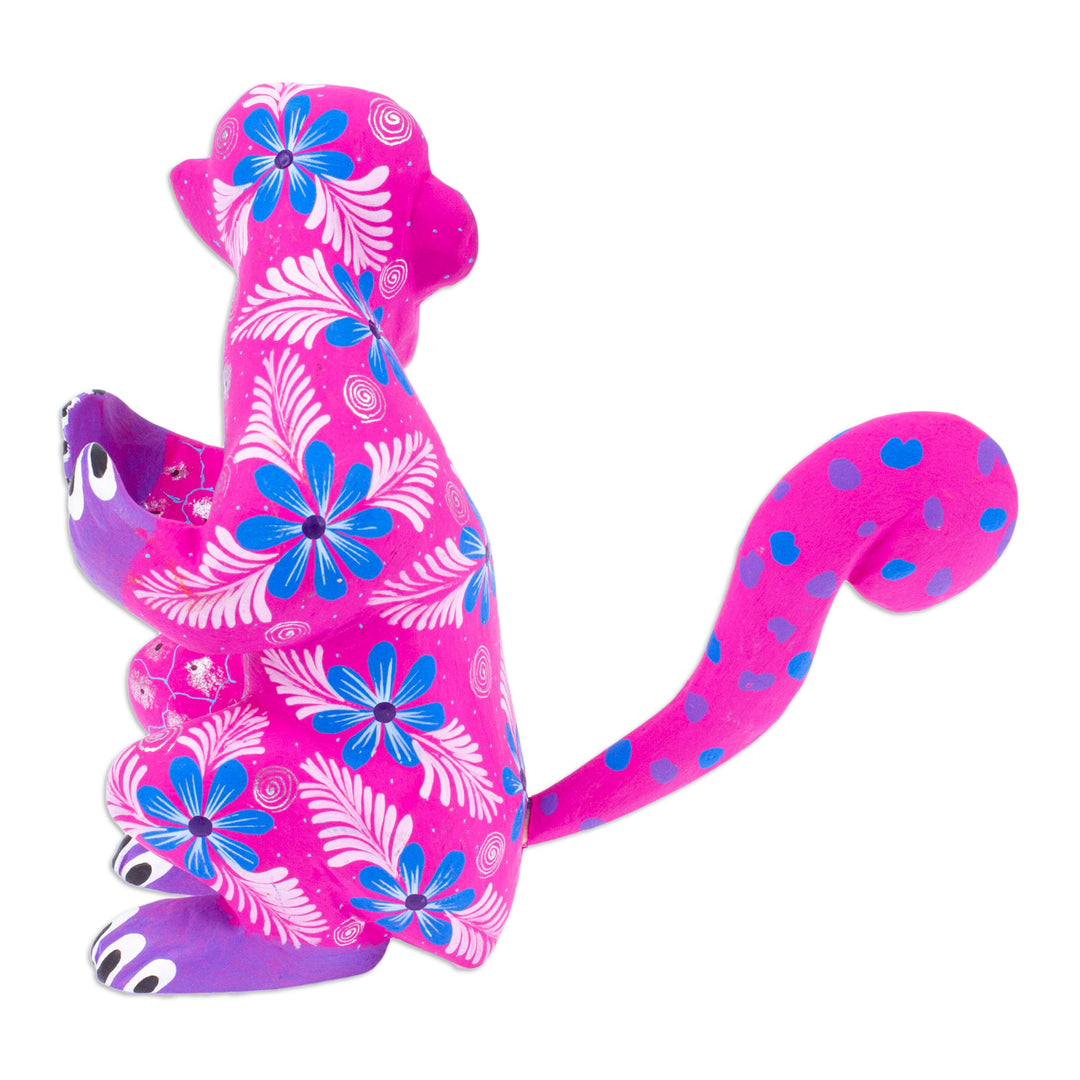 Floral Painted Azalea Copal Wood Alebrije Monkey Figurine - Playful Soul in Azalea
