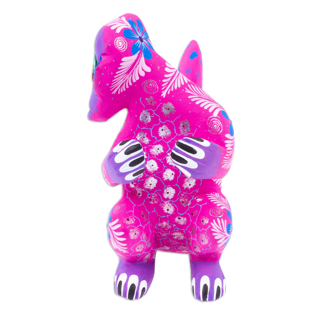 Floral Painted Azalea Copal Wood Alebrije Monkey Figurine - Playful Soul in Azalea