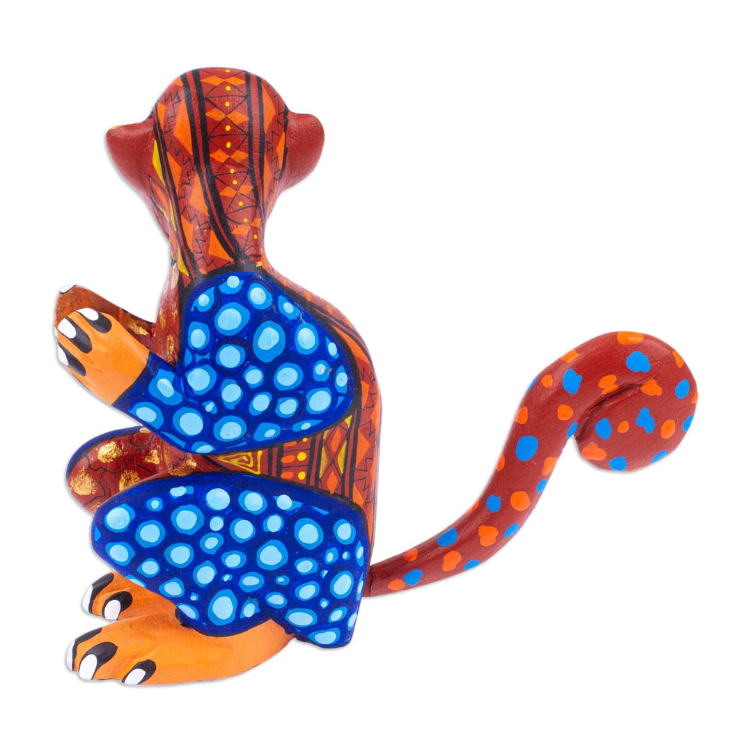 Painted Brown and Blue Copal Wood Alebrije Monkey Figurine - Playful Soul in Brown