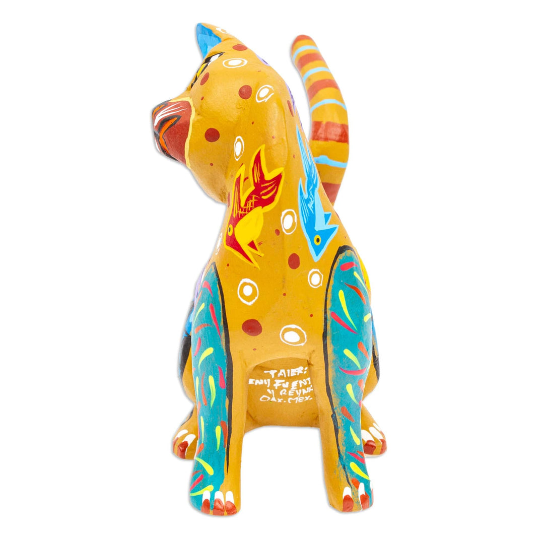 Hand-Painted Copal Wood Alebrije Cat Figurine in Amber - Amber Feline Questions